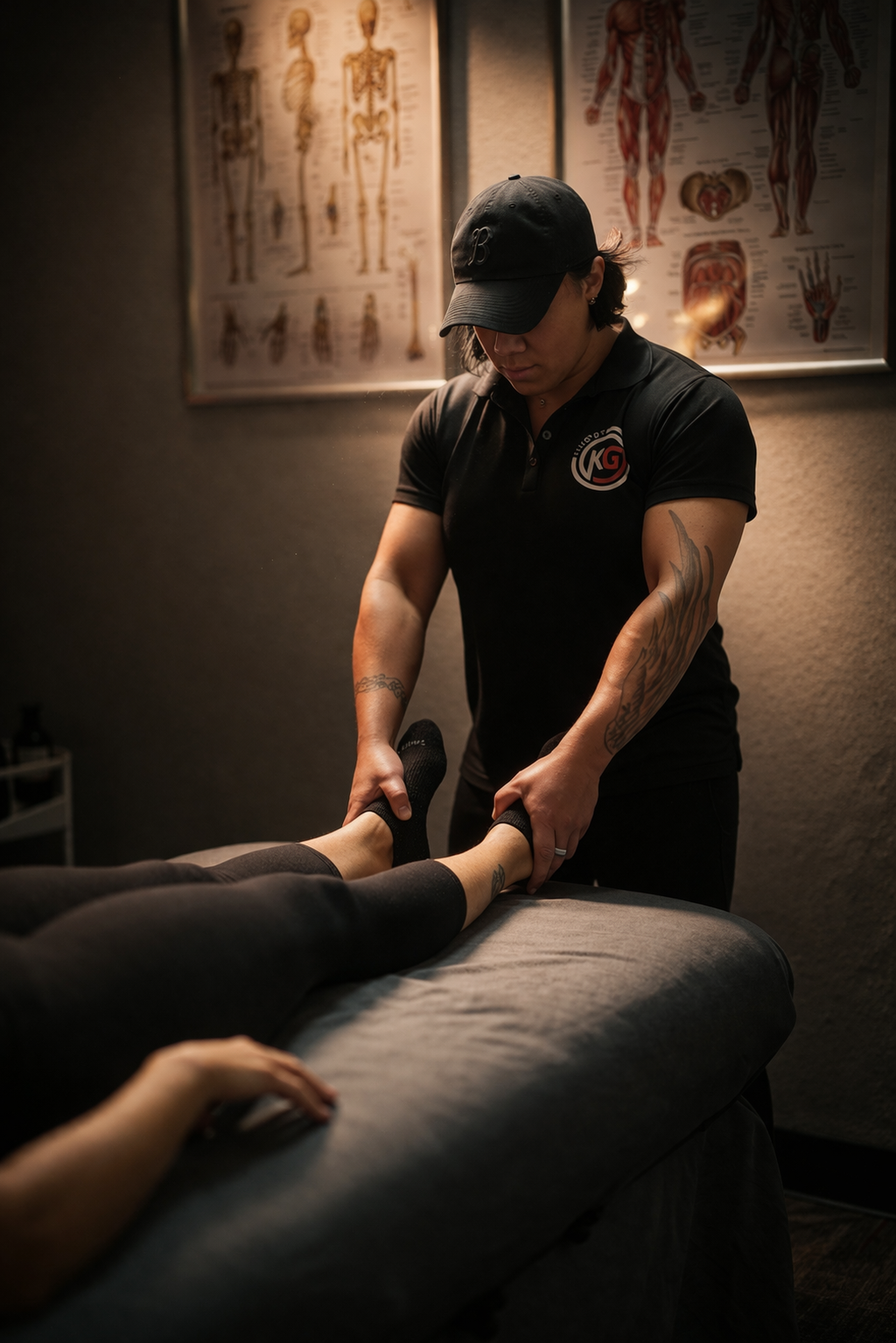 Karen Garrett realigning a client's feet